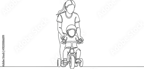 Continuous one line drawing of a mother helping her child ride a tricycle for family lifestyle