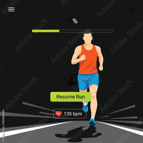 Man running on a track with fitness app interface elements.