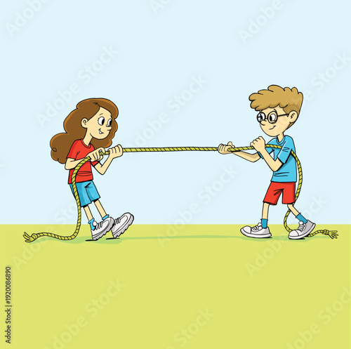 girl and a boy compete in a tug-of-war