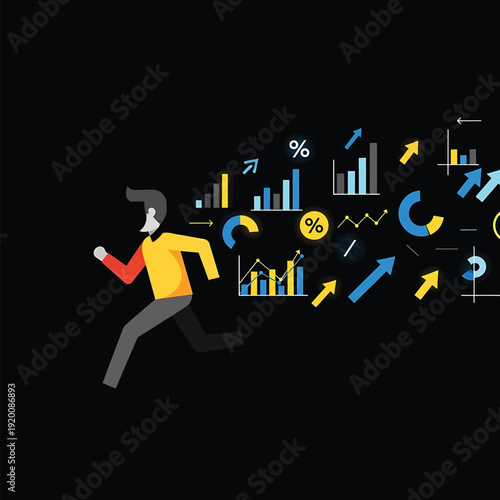 Man Running With Data Analytics and Growth Charts Flowing Out.
