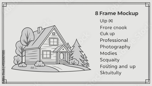 8 Frame Mockup with House Illustration and Text Overlay.