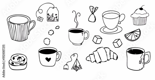 hand drawn set of food and drink