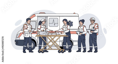 Medical emergency responders assisting patient on stretcher beside ambulance.