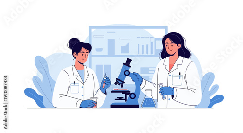 Two scientists examining a sample through a microscope in a laboratory setting.