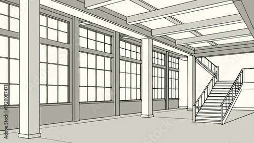 Architectural Sketch of a Spacious Industrial Interior with Staircase.