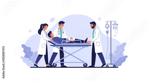 Medical professionals transporting a patient on a hospital stretcher.