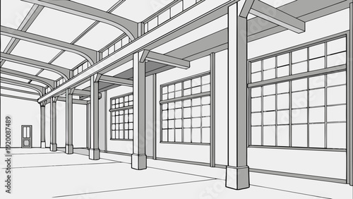 Architectural Sketch of Industrial Interior with Large Windows.