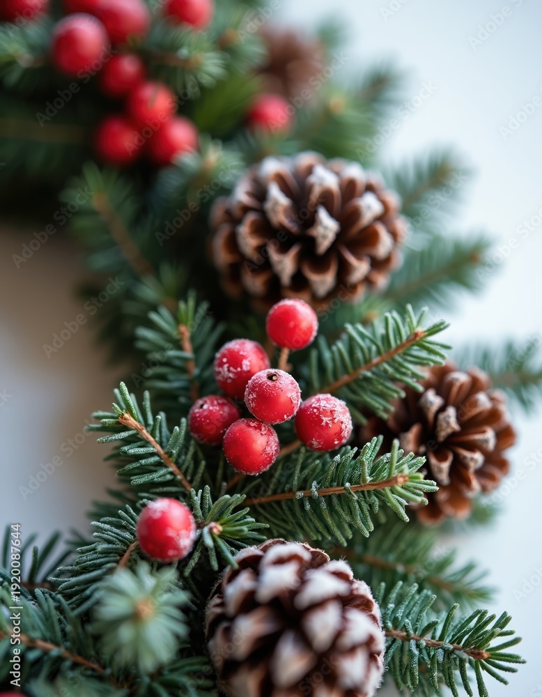 Fototapeta premium Close up of festive Christmas wreath made of pine branches red berries and pinecones. Frosted effect on elements creates holiday ambiance with soft lighting and bokeh.