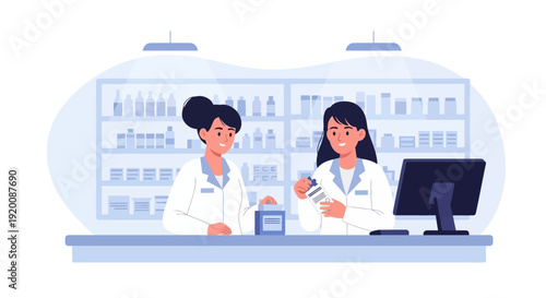 Two female pharmacists working together at a pharmacy counter.