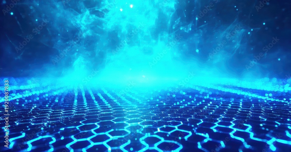 Fototapeta premium Bright blue digital landscape. Hexagonal grid extends toward distant light source. Futuristic, vibrant, dynamic visual effect.