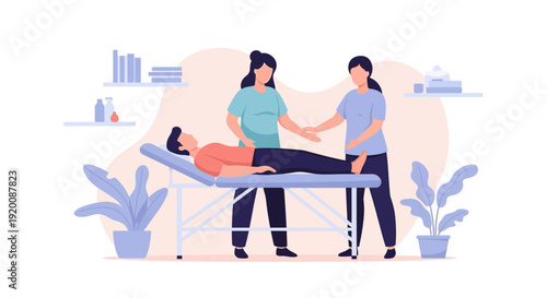 Female physiotherapist assisting a patient on a massage table.