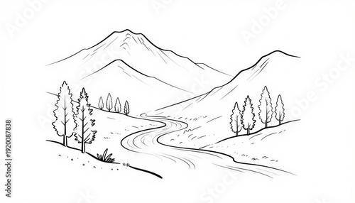 Line drawing of a winding river through mountains and trees  