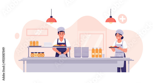 Two workers serving customers at a food counter with drinks.