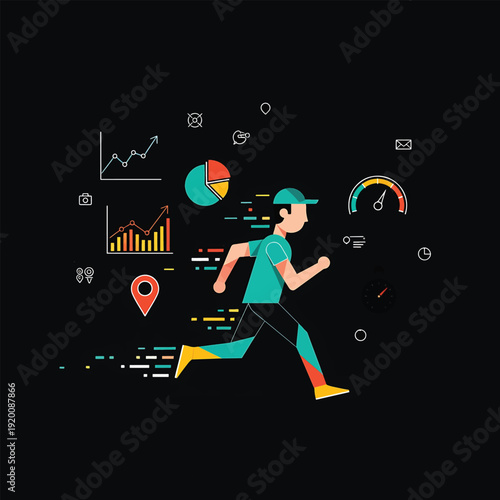 Man running with data analytics and performance metrics.