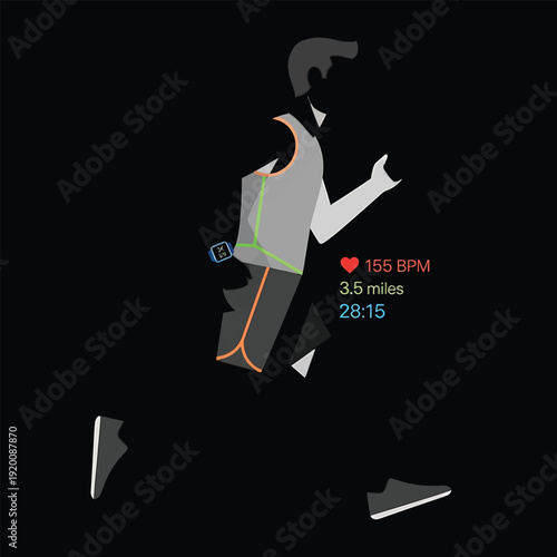 Man running with fitness tracker showing heart rate and distance.