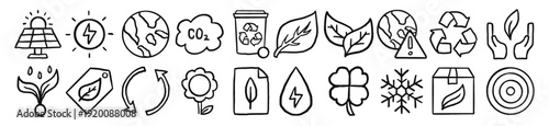 ecology icons set, hand drawn doodle renewable energy, environment sustainability symbols, green eco friendly vector elements