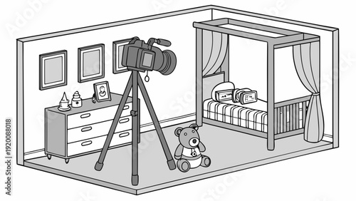Camera filming a babys room with crib and teddy bear.