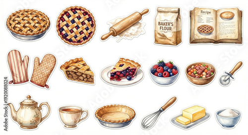 Watercolor clip art set, Traditional Pie Baking theme, collection of 18 items: classic meat pie with lattice crust, sweet berry pie, wooden rolling pin, baker's flour, recipe book, oven mitts, 