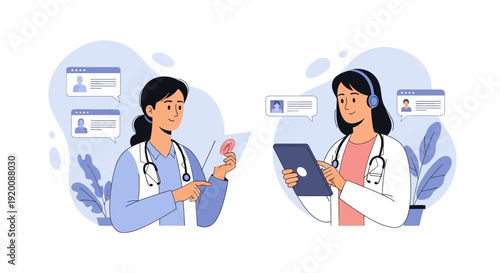 Two female doctors examining medical records and using digital devices.