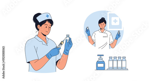 Medical professionals handling vaccines and medical supplies.