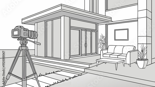 Camera on Tripod Capturing Modern Building Interior Sketch.