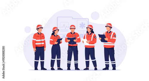 Group of construction workers in orange safety vests and helmets standing together.