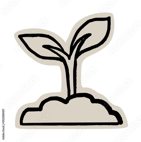 Plant sprout scrapbook, doodle, sticker, collage, icon: hand drawn illustration of seedling in soil for nature, growth, eco
