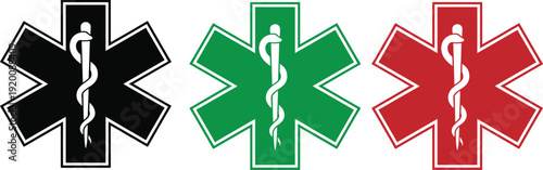 Three star of life medical symbols in black green and red colors isolated on white background Vector