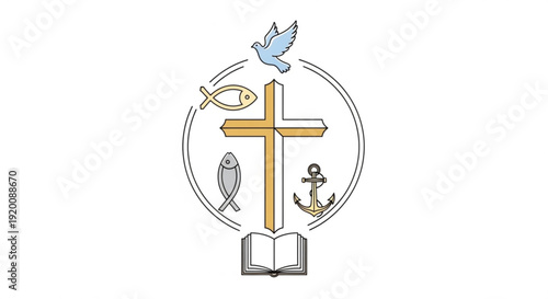 Christian cross symbol with dove fish anchor and open book on white background