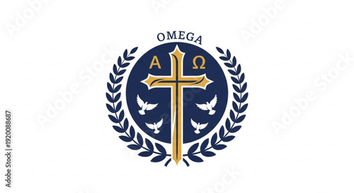 Omega symbol cross logo with laurel wreath and doves on blue background