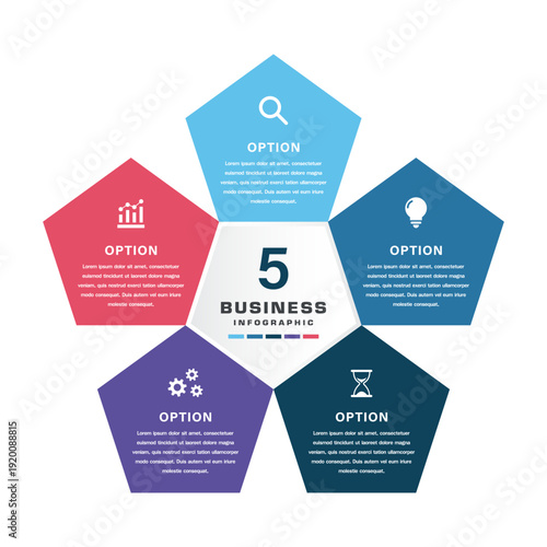 Pentagon Style Five Option Business Infographic with Color Coded Segments and Icons for Corporate Strategy, Workflow Planning, Marketing, Innovation, and Data Visualization