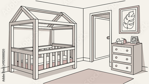 Cozy Nursery Room Illustration with Canopy Bed and Dresser.