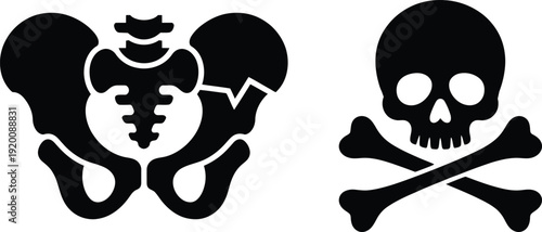 Black and white icon depicting a fractured human pelvis next to a skull and crossbones symbol. Vector