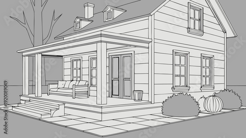 Detailed Line Art of a Charming Suburban House 1.