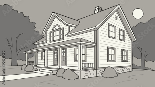 Detailed Line Art of a Charming Suburban House.