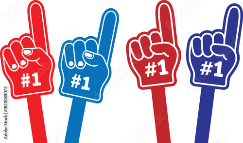 Four foam fingers with number one printed on them