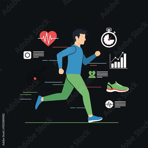 Man running with health and fitness icons surrounding him.