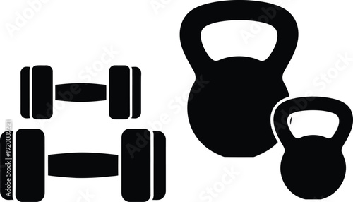 A black and white icon of dumbbells and kettlebells