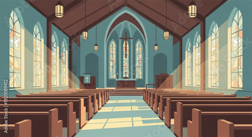 Interior of a serene church with brown pews and blue walls sunlight streaming through stained glass windows