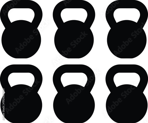 Six black kettlebell icons arranged in two rows