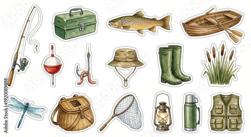 Watercolor clip art set, Fishing Hobby theme, collection of 15 items