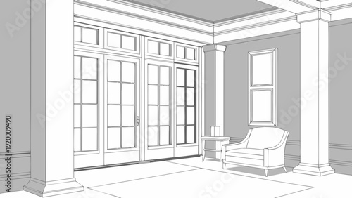 Elegant Interior Design Sketch with Natural Light and Classic Elements.