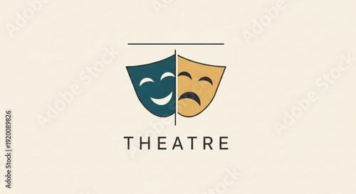 Theatre masks logo with comedy and tragedy faces symbolizing drama and performance art on beige background
