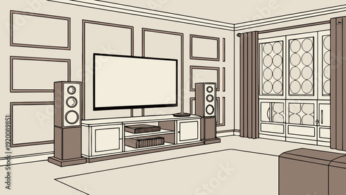 Elegant Living Room Interior Design Sketch with Modern Entertainment System.