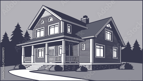 Detailed Illustration of a Classic TwoStory House with Porch.