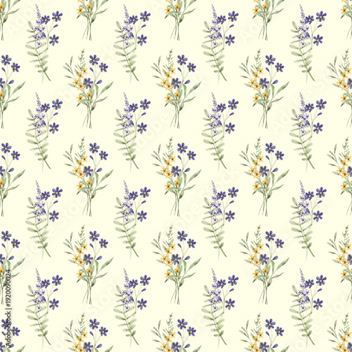 Seamless light green pattern with flowers and leaves, repeating paper, background. Floral backdrop for textile, fabric, wallpaper. Hand drawn flowers and leaf.