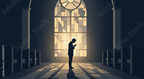 Silhouette of a person praying in a church with stained glass window and pews serene and contemplative atmosphere