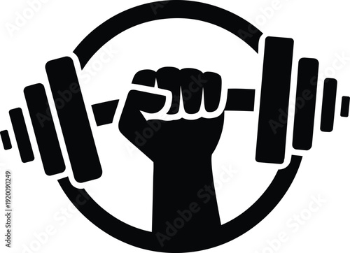 A black and white icon of a fist holding a dumbbell