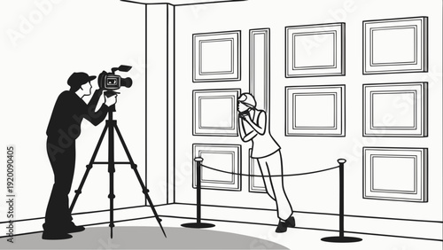 Filming in Art Gallery Man with Camera and Woman Posing.