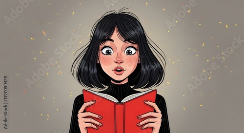 Surprised cartoon girl holding a red book